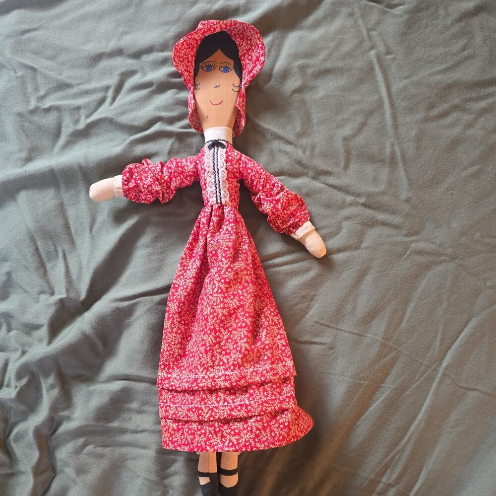 Primitive Folk Art Wooden Spoon Doll Handmade Red Floral Dress 14” Vintage wood
